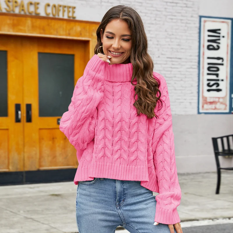 

2023 elegant casual new Thick Fried Dough Twists High neck Sweater Solid casual sweater Women's short loose pullover sweater