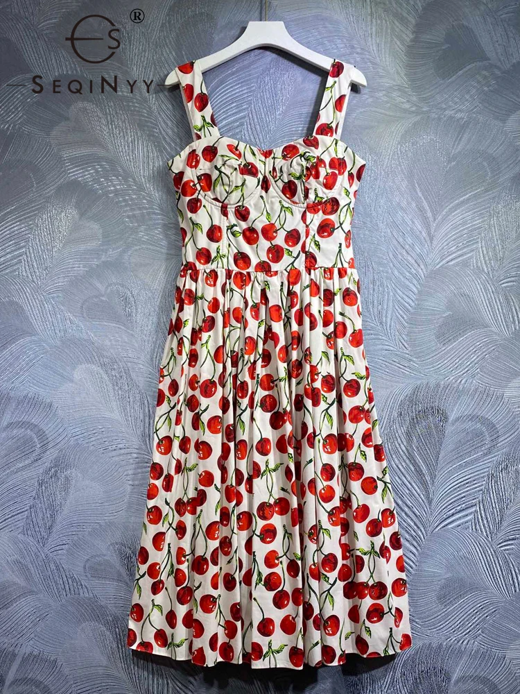 

Платье SEQINYY женское из 100% хлопка, модельная винтажная одежда с красным вишневым принтом, без бретелек, в стиле Сицилия, весна-лето