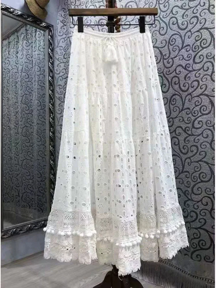 Женская кружевная юбка-макси в стиле бохо белая ажурная длинная юбка