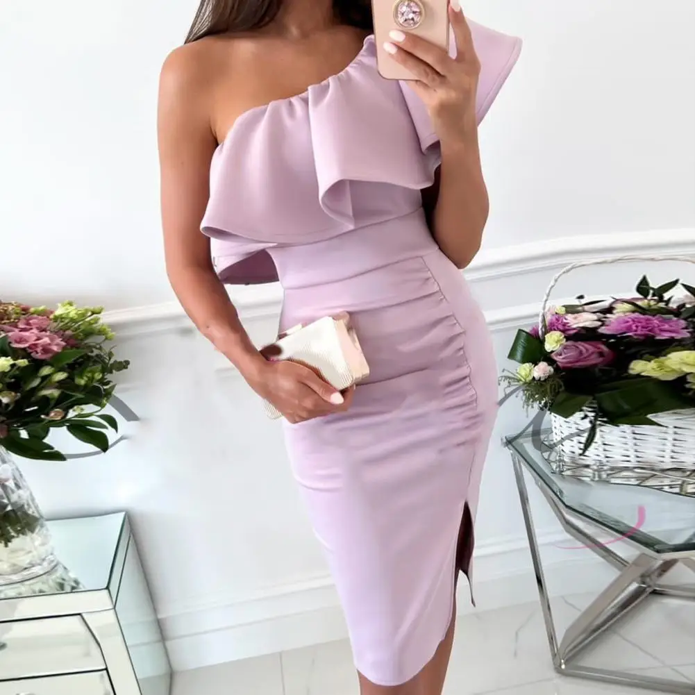 

Hot！Prom Dress Elegant Solid Color One Shoulder Big Ruffle Split Sleeveless Casual Pullover Bodycon Sheath Dress Female Clothes