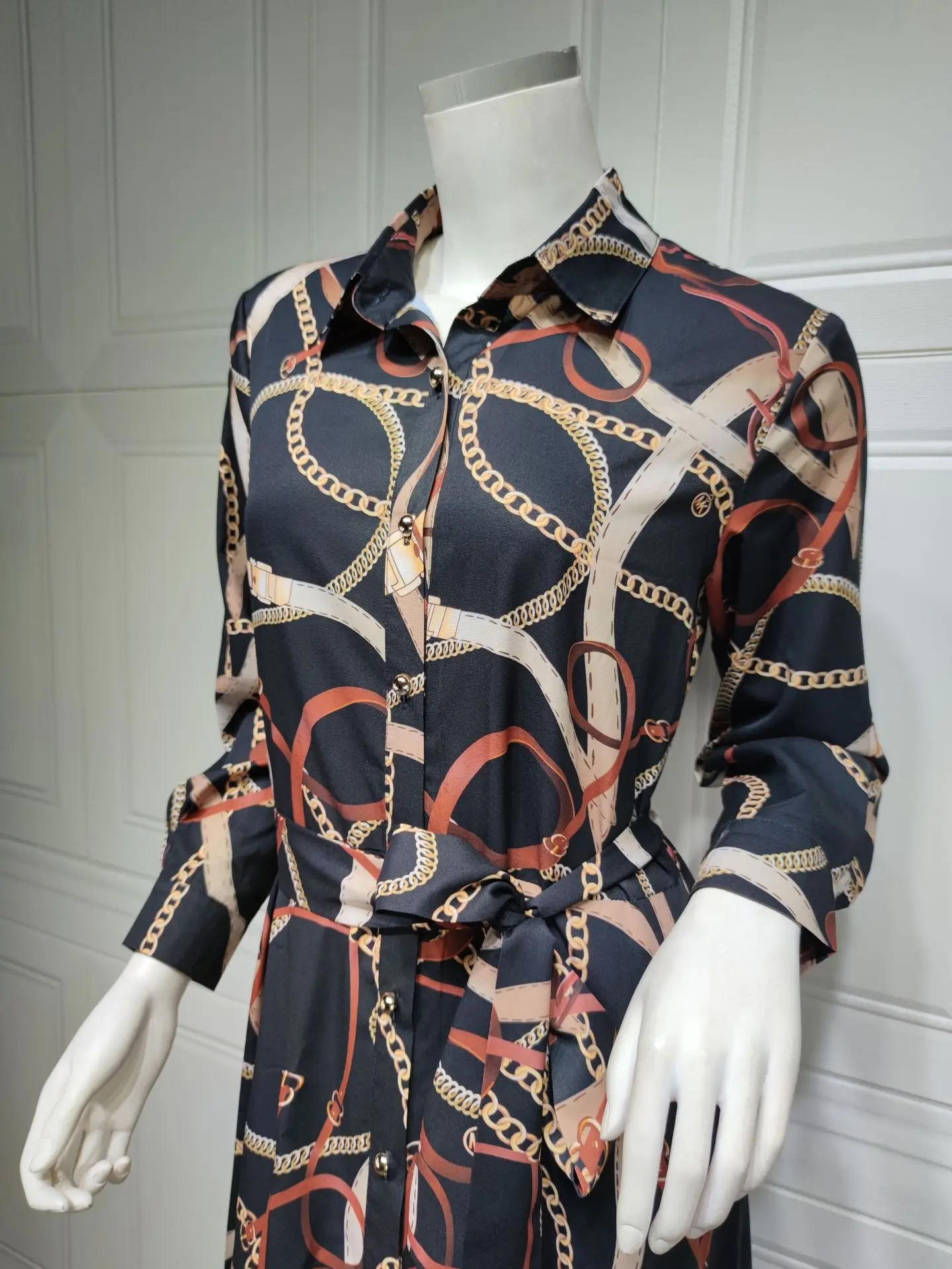 Muslim Fashion Shirt Dress Moroccan Kaftan Dubai Abaya Chain Print Long Sleeve Lapel Single-breasted Elegant Dresses for Women