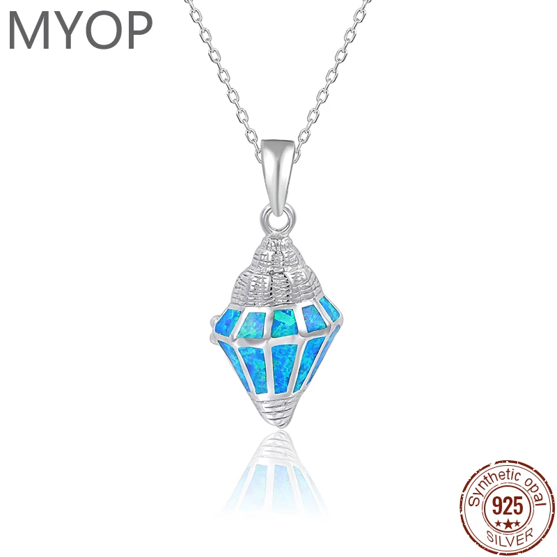 

MYOP Sea Animal Blue Opal Conch Pendant 925 Sterling Silver Summer Charms Jewelry Women Necklace For Gift