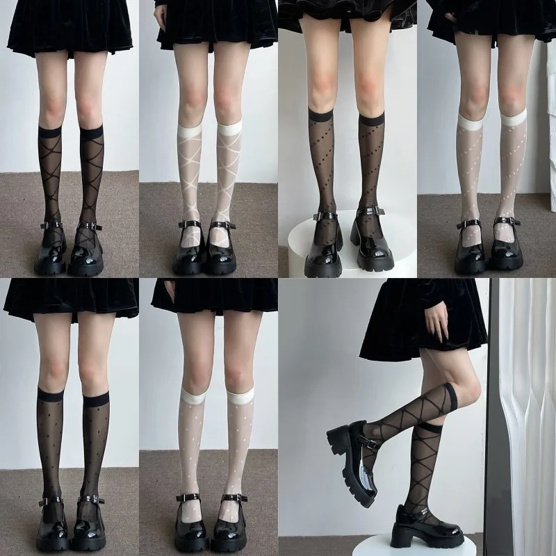

1Pair Summer Thin Nylon Long Socks Stockings College Style JK Lolita Girls Polka Dot Diamond Plaid Lower Knee Socks Stockings
