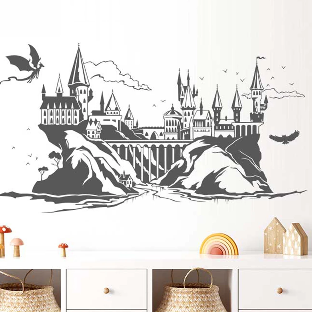 

Большой Зачарованный замок волшебный Дракон Настенная Наклейка детская комната для детской комнаты горная птица облако пейзаж настенная наклейка спальня винил