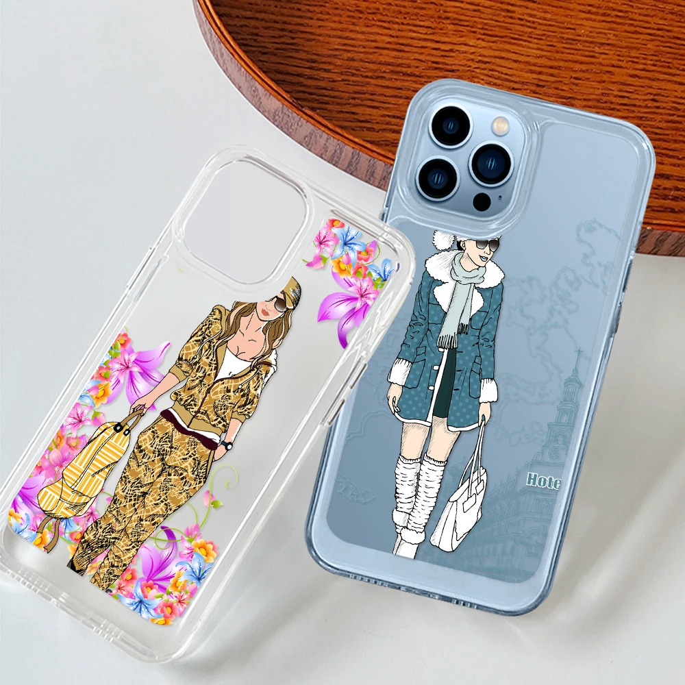 

Clear Fashion Girl Women Phone Case for iPhone 14 13 12 11 Pro Max Mini XS XR X Protection Back Cover for iPhone14ProMax Fundas