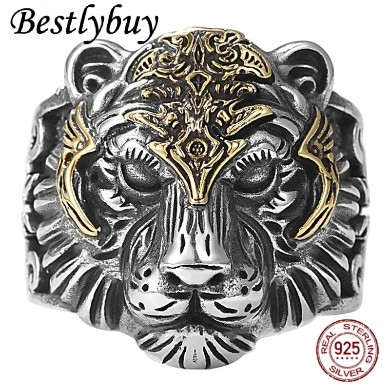 925 пробы Серебряное 3D рельефное кольцо с головой тигра для мужчин ретро тайские