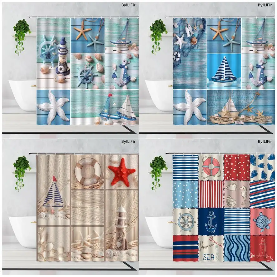 

Штора для душа тема океан, морская звезда, ракушка, ракушка, Сращивание маяков, синяя деревянная доска, шторы для ванной, детский Декор для ва...
