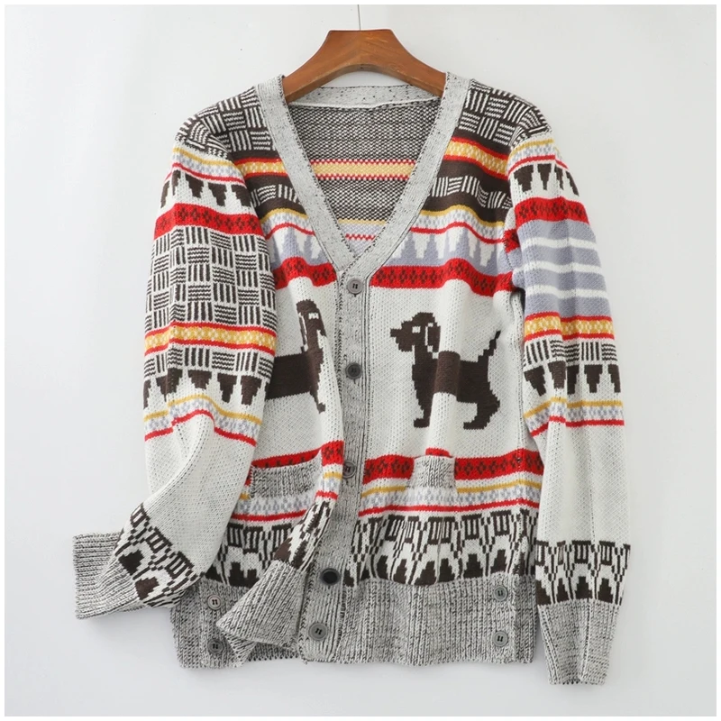 Y2K Одежда Женский Рождественский Свитер Кардиган Осень Зима Собака Жаккардовый
