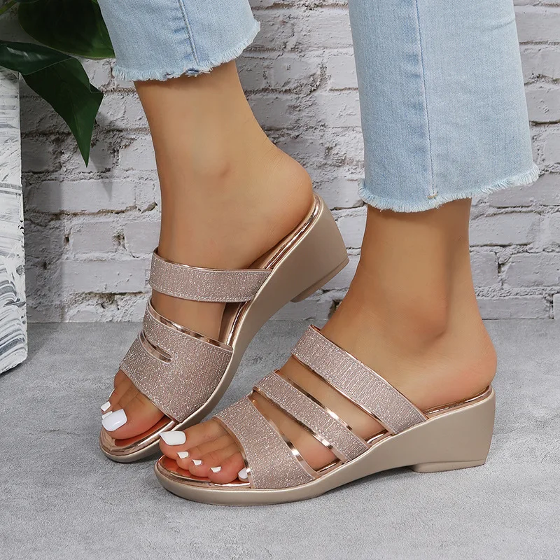 

Women Wedges Slippers Bling Flats Flip Flops 2022 New Summer Sandals Autumn Shoes Rome Ladies Shoes Slingback Causal Slides Fad
