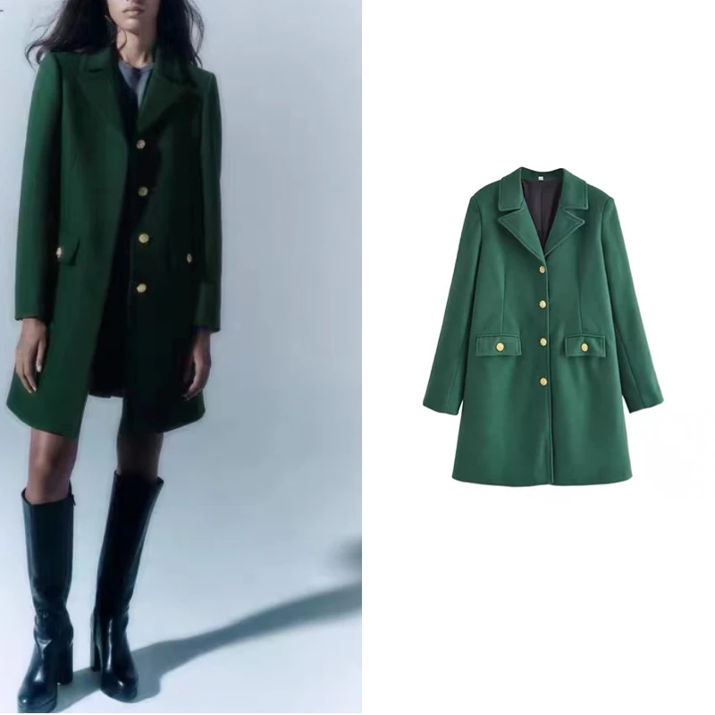 

2023 New Women Dark Green Mid-Length Woolen Coat Fashion Lapel Long Sleeve Chic Metal Button Thermal Coat Street Style
