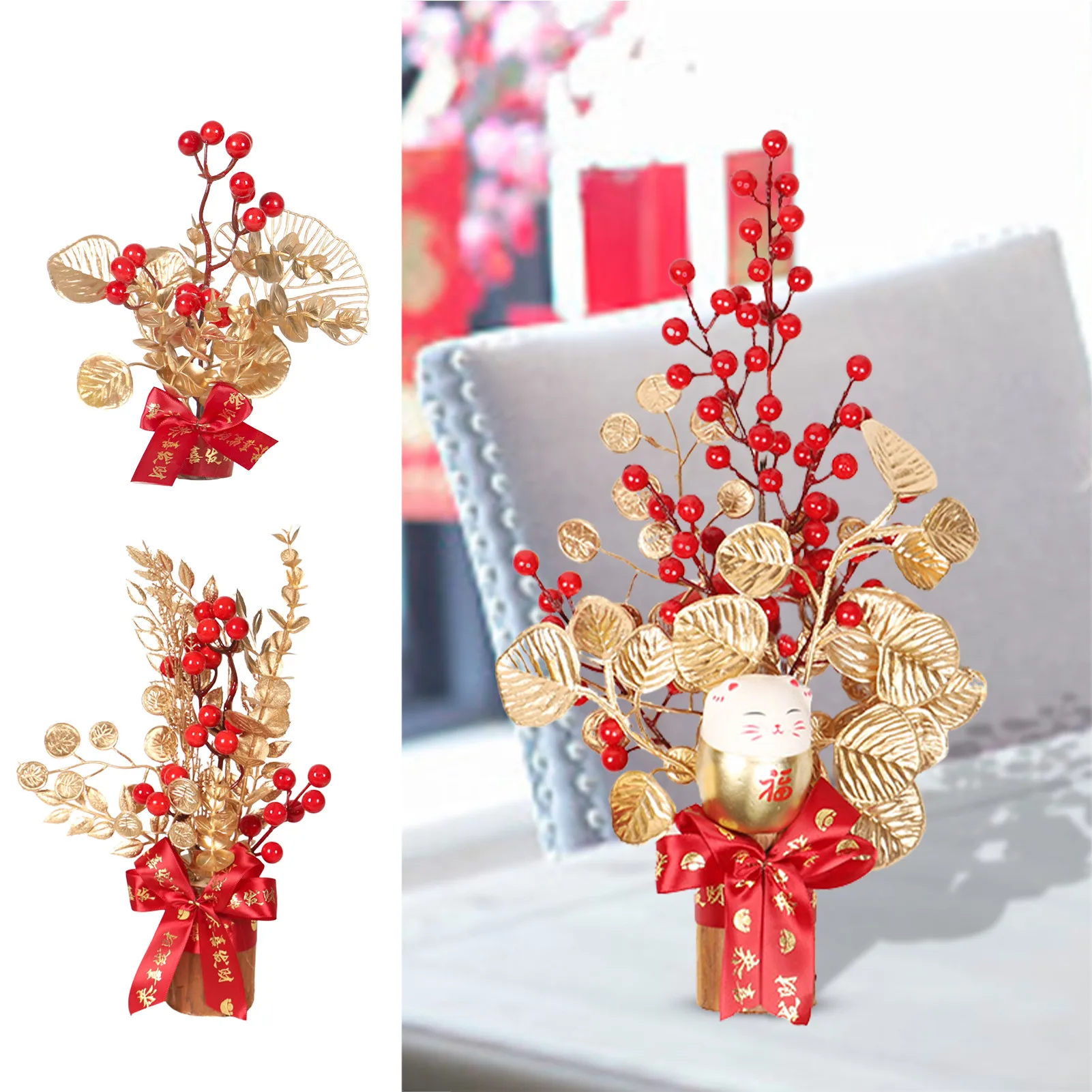 

Китайские Новогодние украшения, красное мини-дерево с золотым листом, Весенний фестиваль, счастливые украшения, свадебный Декор для дома и ...