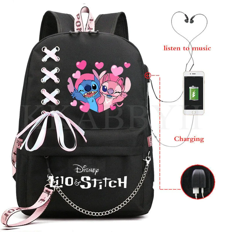 

Disney Kawaii Stitch Bag Zipper USB Charging Cute Cartoon Mochila Capacity Backpack Women Kpop School Bags for Teenage Students