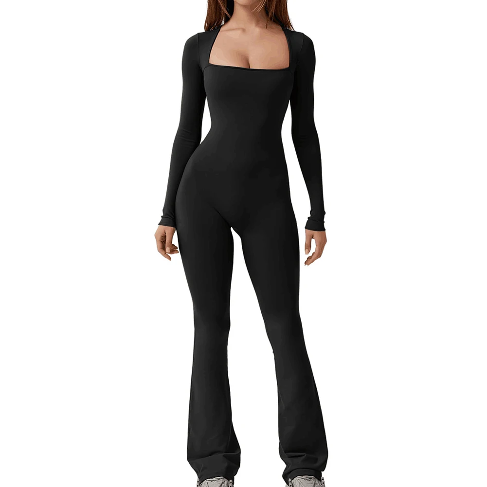 Женский Облегающий комбинезон с длинными рукавами и квадратным вырезом