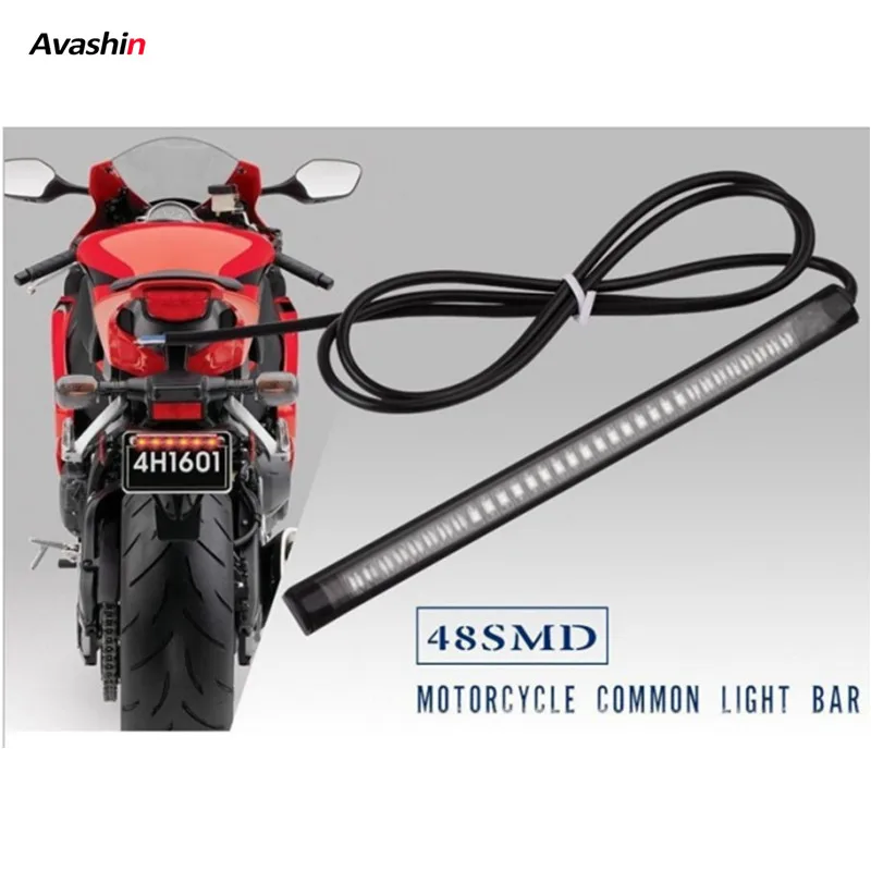 

Flexible 48 LED Motorcycle Light Bar Strip Tail Turn Signal Tail Rear Brake Stop Bulb Lamp Brake Light 2835 3014 SMD Dual Color
