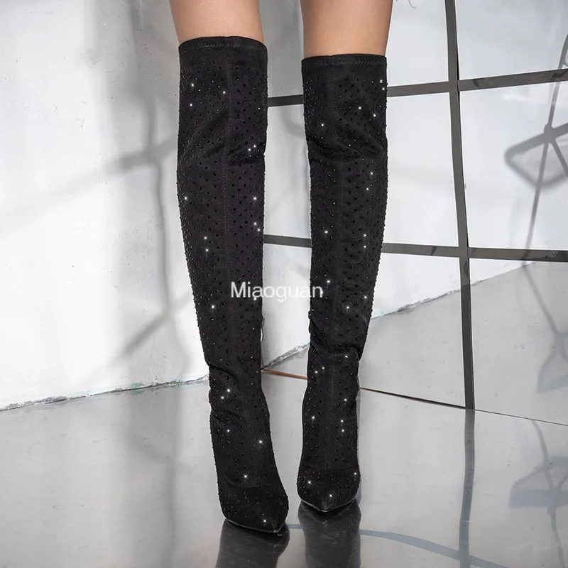 Роскошные эластичные женские сапоги до бедра из искусственной замши со стразами