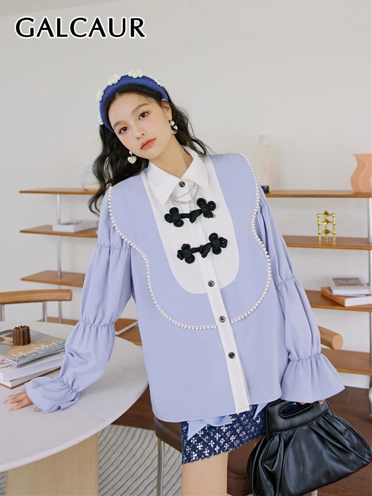 

GALCAUR Vintage Shirt For Women Lapel Long Sleeve Patchwork Colorblock Blouses Female Korean Fashion Clothing Style New 2022