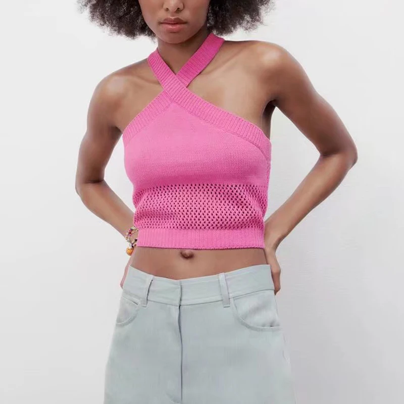 

Summer 2022 Women Rose Red Halter Tanks Top Sleeveless Backless Crop Knitted Blouses Shirts Female Tops XQJ9450