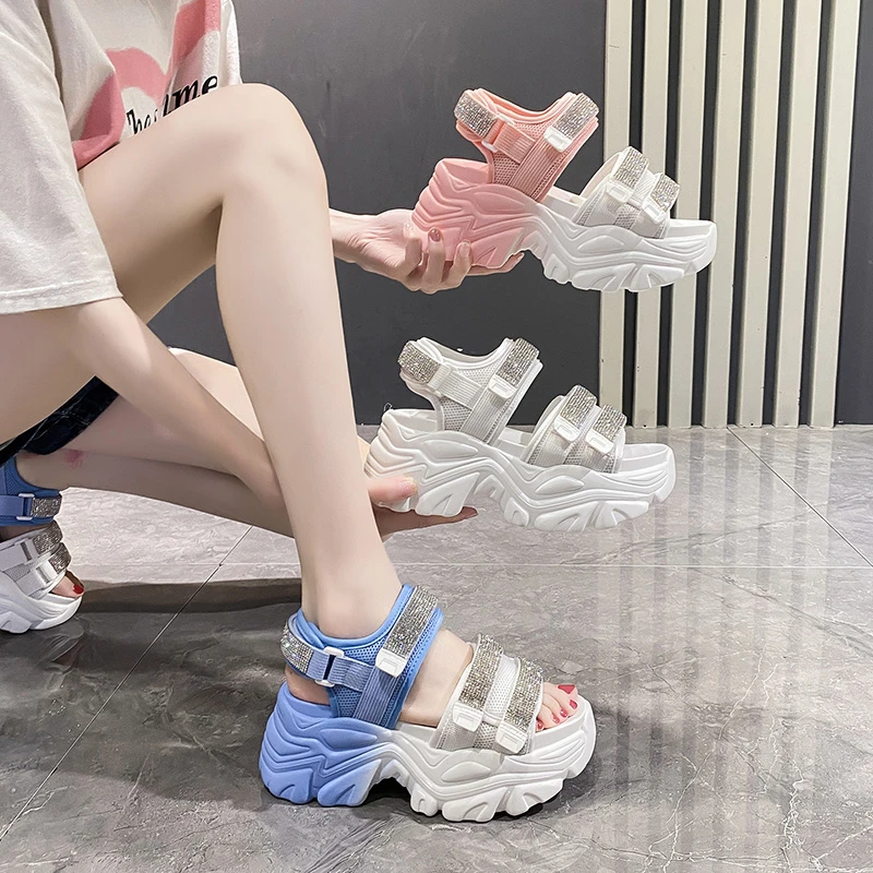 Chunky Platform Bling Sandals Women New 2022 High Heels Sexy Hook Loop Sandals Wedge Sneakers 8CM Ladies Beach Summer Sandalias