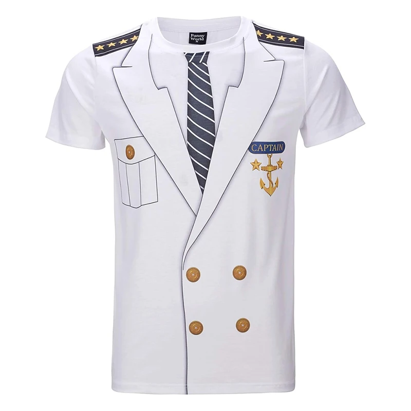 Tailcoat Printing T Shirt Men Street Funny Cosplay Short Sleeve Shirts Fake Tie Captain Clothes Fashion Trend Plus Size Top