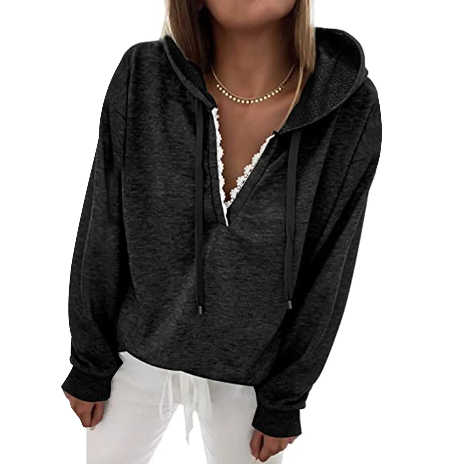 

Пуловер с вырезом, однотонные толстовки, топы, цветной свитер, женский кружевной Повседневный свитер с v-образным вырезом, Свитера для подро...