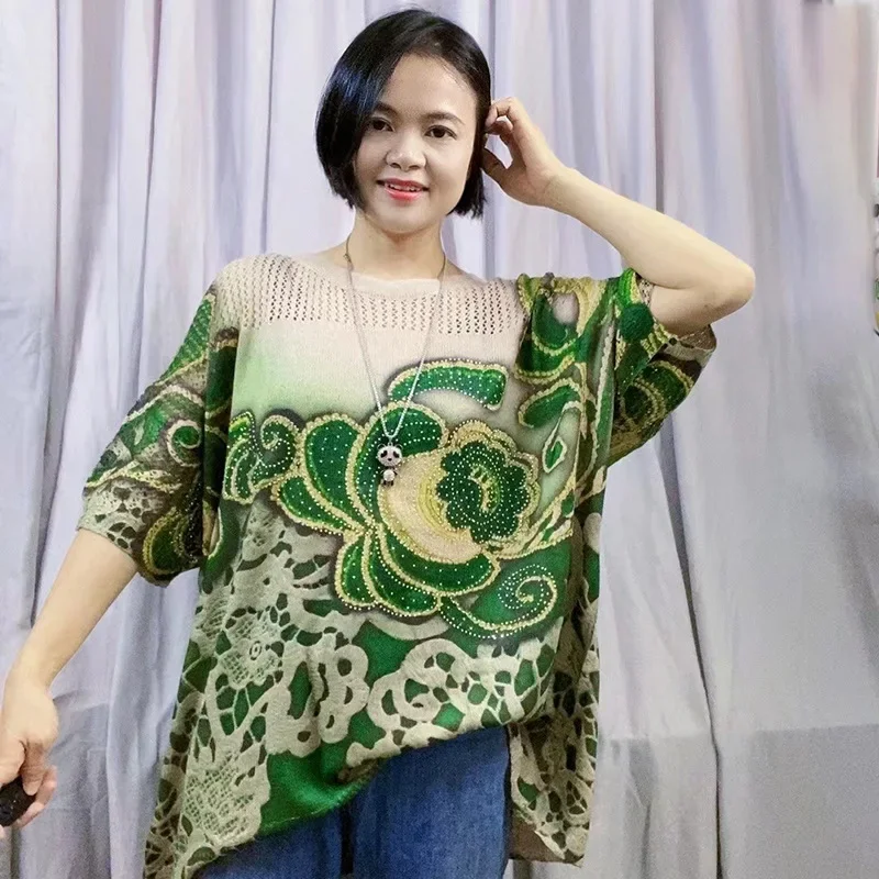 Новый летний льняной вязаный топ с винтажным принтом и стразами свободный крой