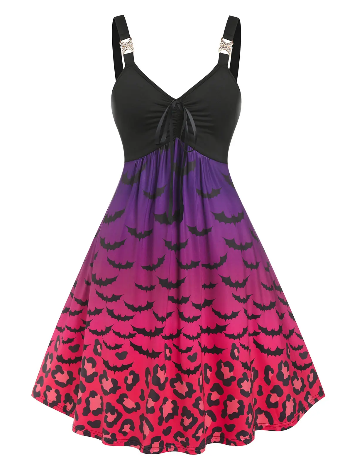 

A-Line Gothic Knee Length Dresses High Waist Ombre Bat Ruched Tie Sleeveless Dress