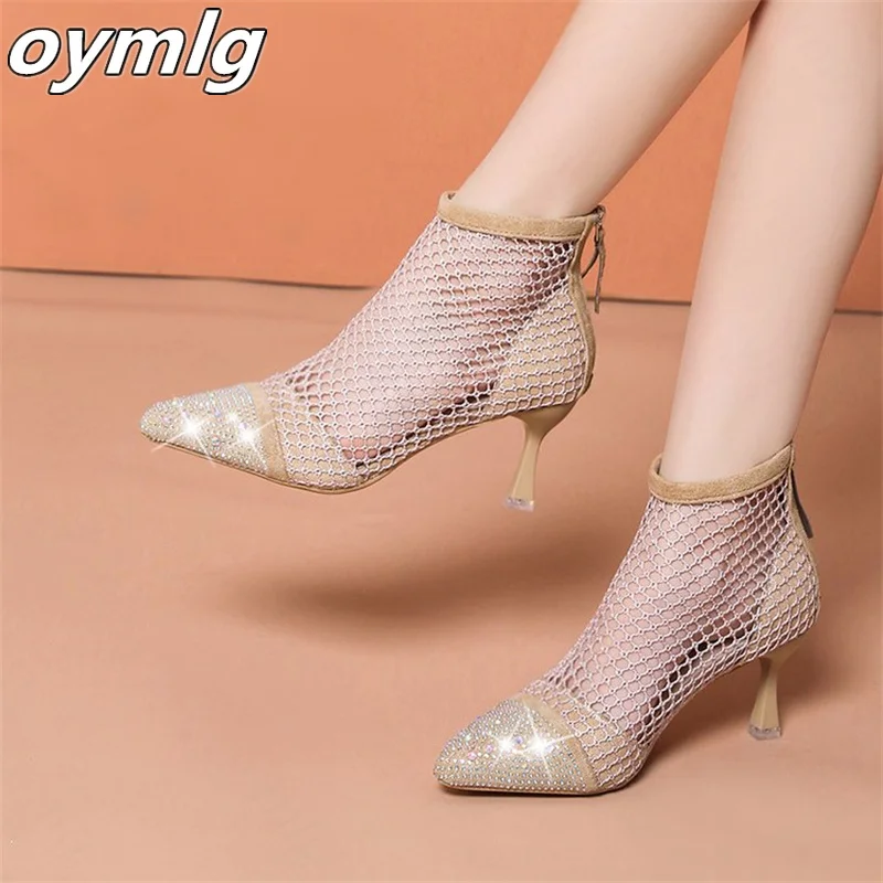 

Новинка весна-лето 2022, Модные женские босоножки с острым носком и сеткой на шпильке, модные сандалии, женские туфли-лодочки