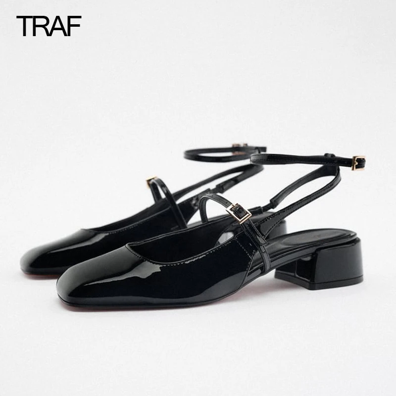 

TRAF Mary jane Heels Women Pumps Chunky Strappy Heels Black Square toe Heels Women High heels Lolita Slingback Heels Cute shoes