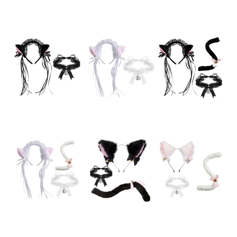 

Maid Cats Costume Set Cats Ears Tail Lace Choker Animal Fancy Costume Kit Accessories Adults Kids Halloween Cosplay Prop