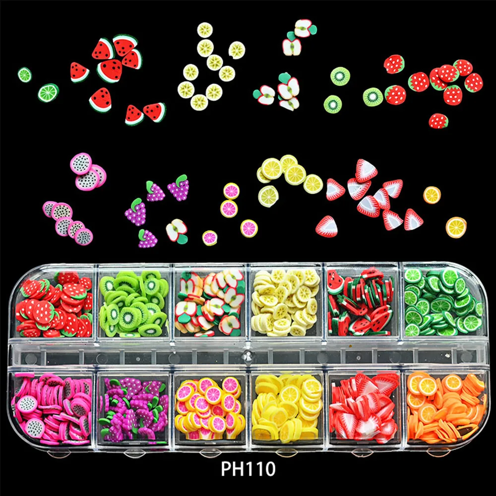 12-Grid 3D Kawaii фруктовый ломтик для дизайна ногтей DIY Дизайн украшения Полимерная глина Клубничные ломтики Блестящий Маникюр Аксессуары HJ & 01