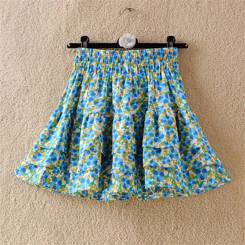 Korean Chiffon Floral Skirt 2022 Summer Womens Printed Fluffy Cake Short Skirts Women High Waist A-line Mini Skirts