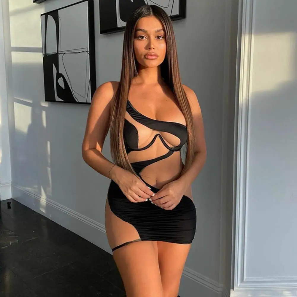 

Evening Dress Spaghetti Strap Perspective Mesh Patchwork Sexy Dress Backless Irregular Net Yarn Patchwork Skinny robe femme été