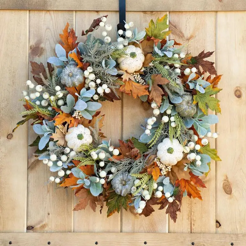 

Fall Wreath Autumn Wreath Fall Decorations Front Door Artificial Wreaths with Maple Leaf Pumpkin and Berries Thanksgiving Wreath