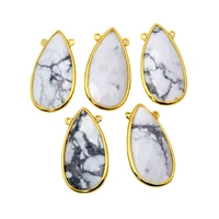 natural howlite pendant teardrop pear shape connector 30x15mm handmade gold bezel gemstone charm white stone jewelry