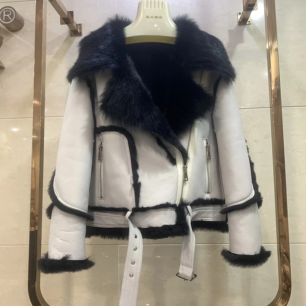 Lady Genuine Sheepskin Jackets 2022 New Shearing Coats Winter Thick Warm Lamb Fur Lining Biker Fashion Moto Overcoats 7944B