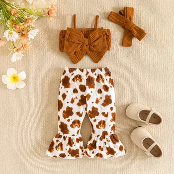 Kids Bowknot Clothes Suit Infant Girls Sleeveless Bowknot Ribbed Tops Vest Leopard Cartoon Cow Prints Bell Bottoms Pants Outfits 1