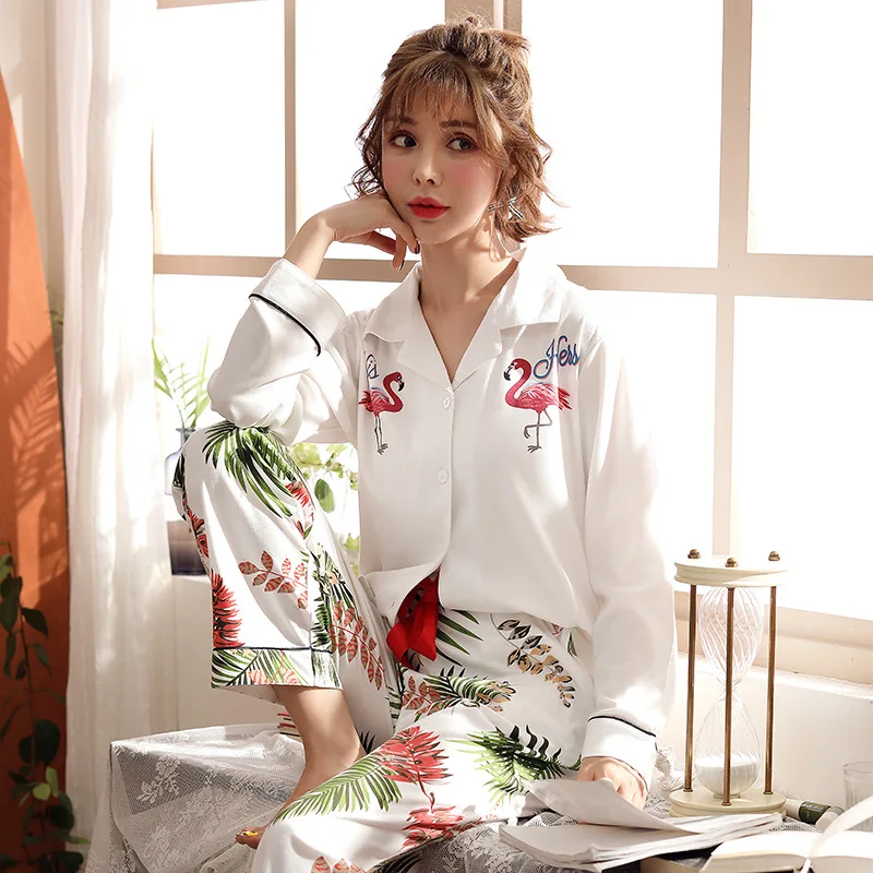 

2020 Pajamas For Women Satin Women Pajama Set Long Sleeves Turn-down Collar Pocket Decor Top+Pants Ladies Print Cotton Sleepwear