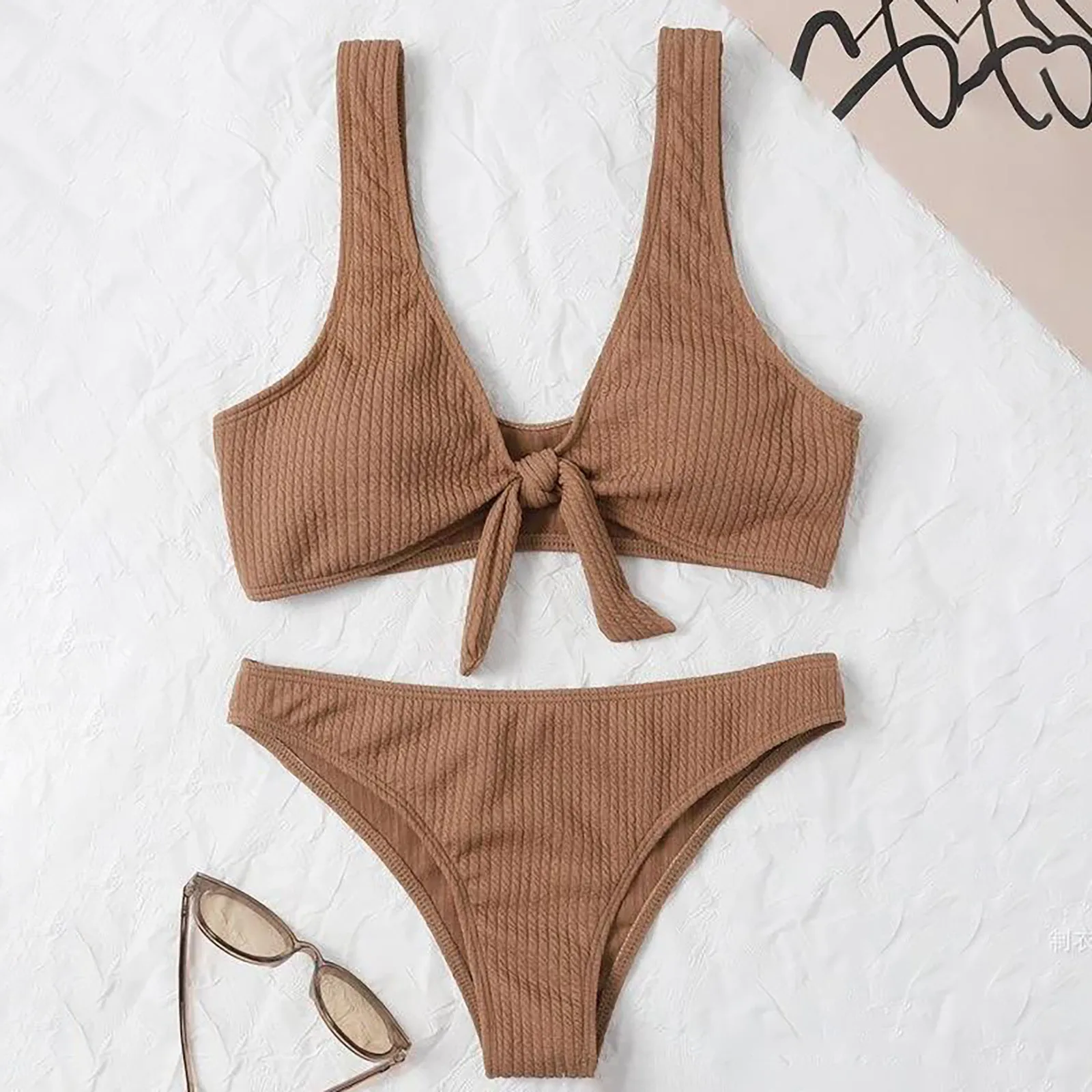 

купальник 2022 новинка Women's swimwear Summer Fashion Sexy Solid Color Waist Lace-up Strapless Bikini Swimsuit Set купальник