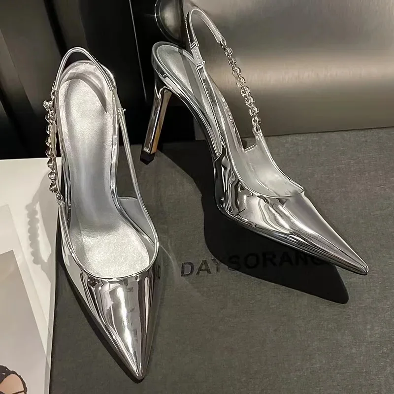 

Shiny High Heels Slingback Women Pumps Metallic Crystal Sandals Pointy Toe Stiletto Heeled Shoes Silver Party Dress Shoes Woman