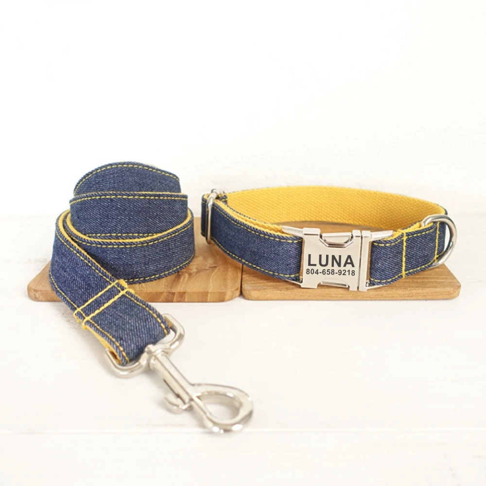 

Personalized Pet Collar Customized Nameplate ID Tag Adjustable Buckle Yellow Jean Fiber Cat Dog Collars Lead Leash