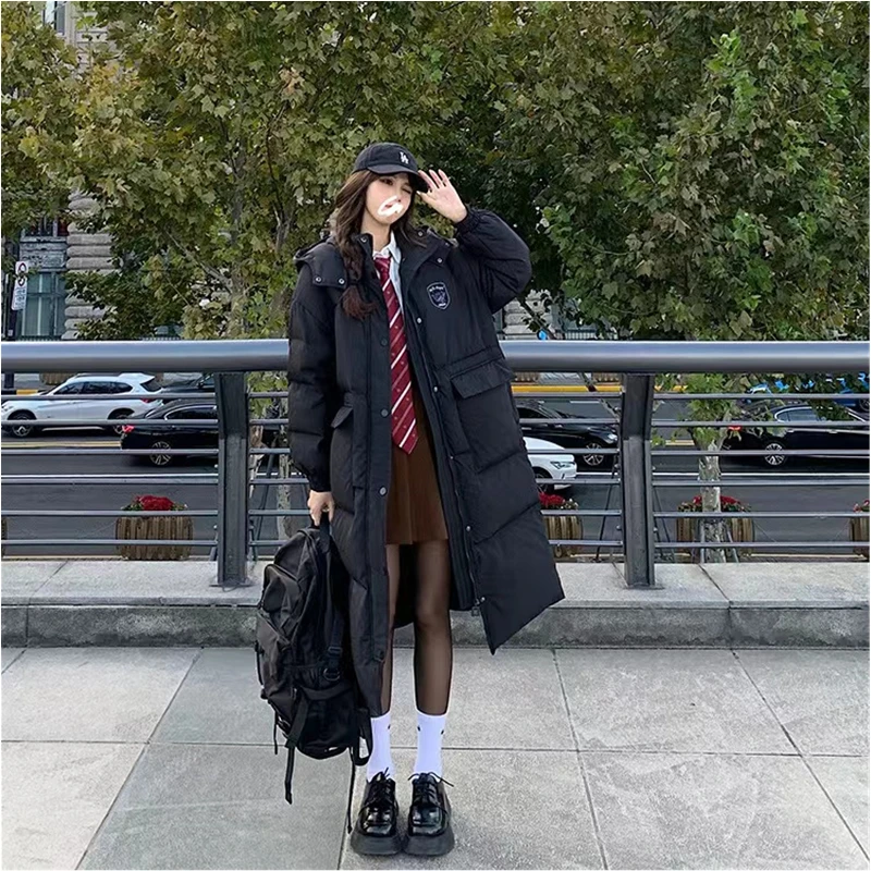 

Женская одежда, Черный пуховик с капюшоном, длинное хлопковое пальто, Зимняя Новая корейская модная ветрозащитная теплая толстая верхняя одежда с большими карманами
