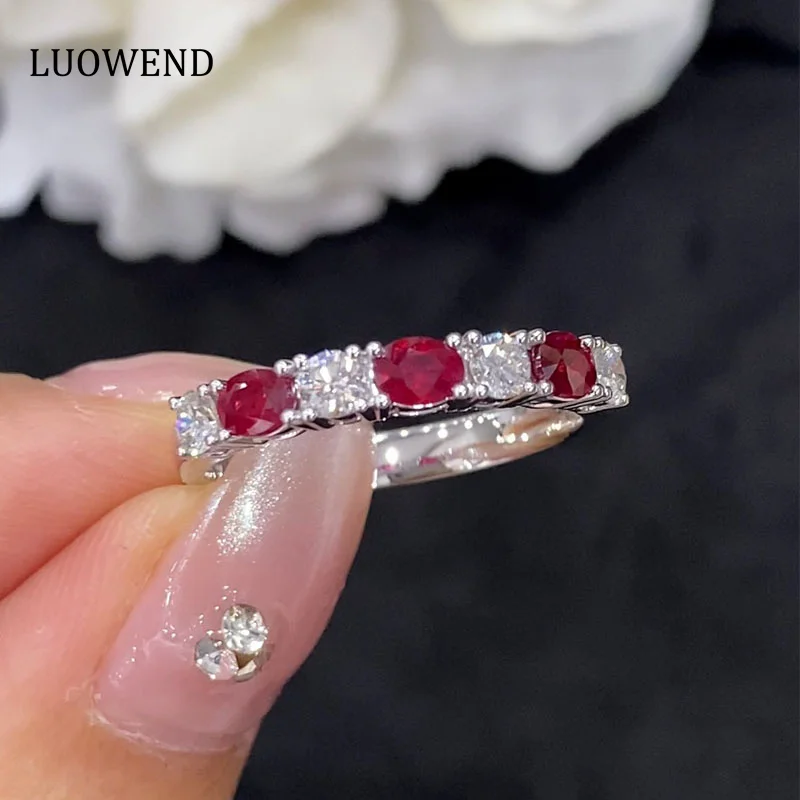 LUOWEND 18K кольца из белого золота, реальные натуральные рубиновые кольца, классический стиль, бриллианты, обручальные ювелирные изделия для женщин на заказ