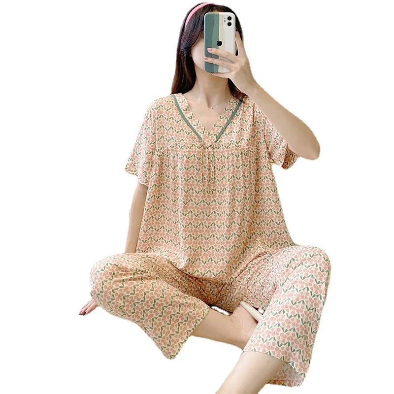Spring and Summer New Pajamas Women's Short-sleeved Trousers Cotton Silk Suit V-neck Korean Version Thin Section Home Service