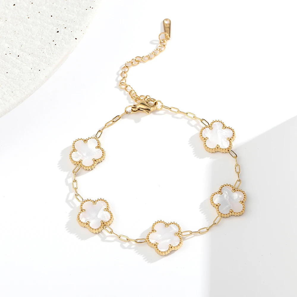 Luxury Five Flowers Charm Bracelet Double Side Shell Bracelets Gold Plated Stainless Steel Fashion Jewelry for Women Party Gift