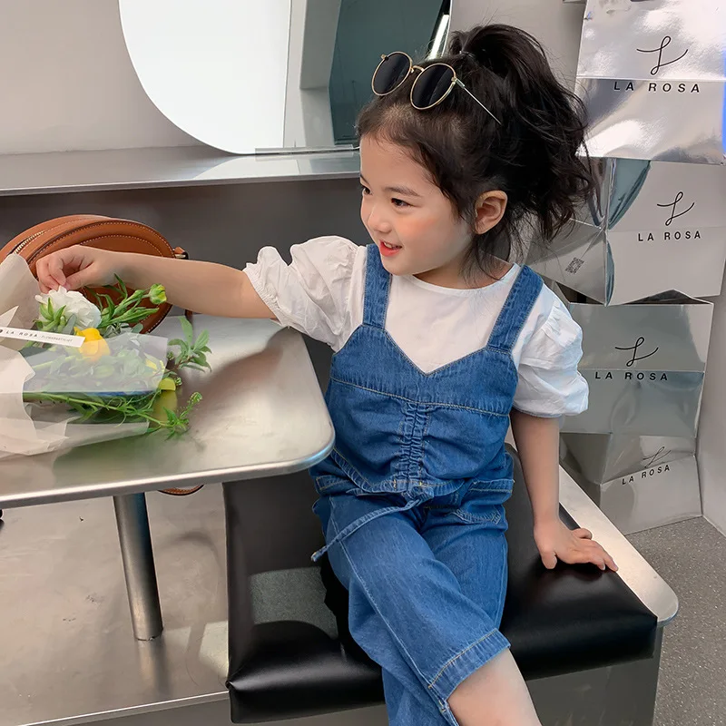 

Children's Denim suit 2022 spring new pastoral shirt suspender vest pants three piece set 3-12