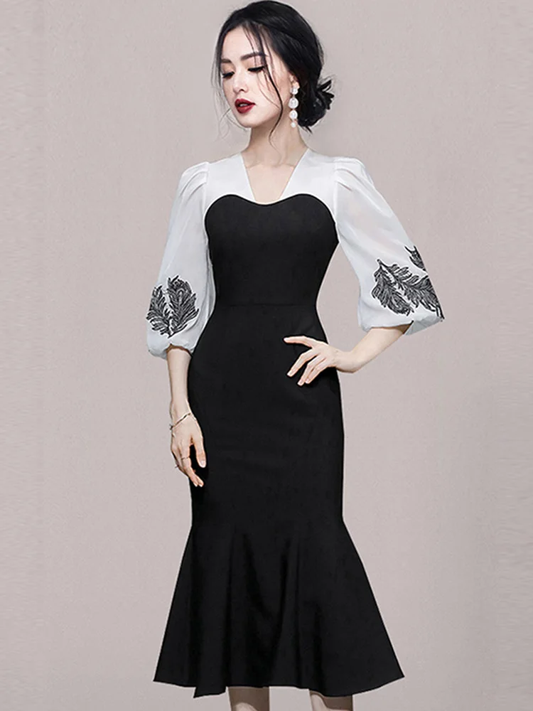 Элегантное Черное офисное платье осень 2024 белое винтажное с V-образным вырезом