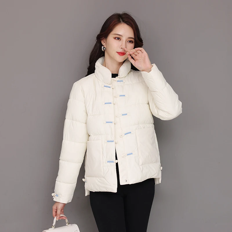 Retro Fashion Ethnic Style Down Jacket Women Vintage Buckle Winter Parkas Padded Jackets Warm Cotton Coat 2023 Puffer Jackets