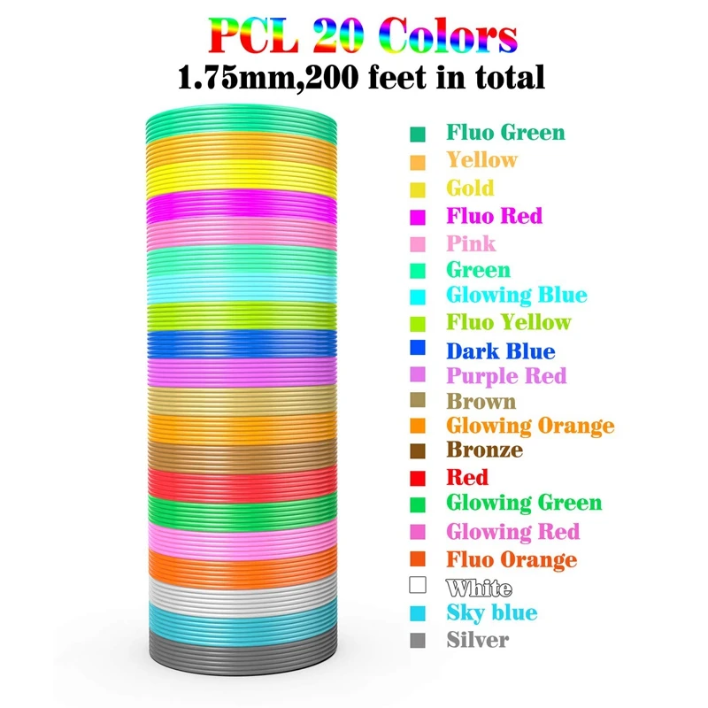 

3D Printing Pen PCL Filament Refills 1.75Mm, , Low Melting Temp Of 70℃, Gifts Pack Of 20 Random Color For Kids (200 FT)