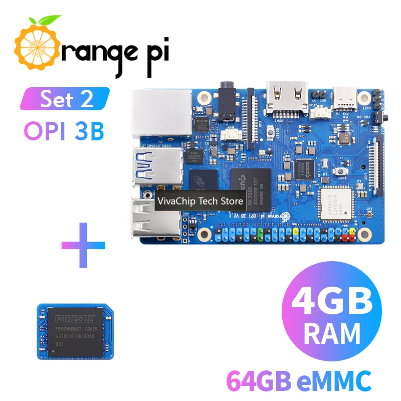 Фото Модуль VivaChip TechOrange Pi 3B 4GB+64G EMMC, мини-ПК Rockchip RK3566, четырехъядерный процессор, Wi-Fi+BLE, Gigabit, для Android и Linux OS, SBC, одноплатный компьютер №2