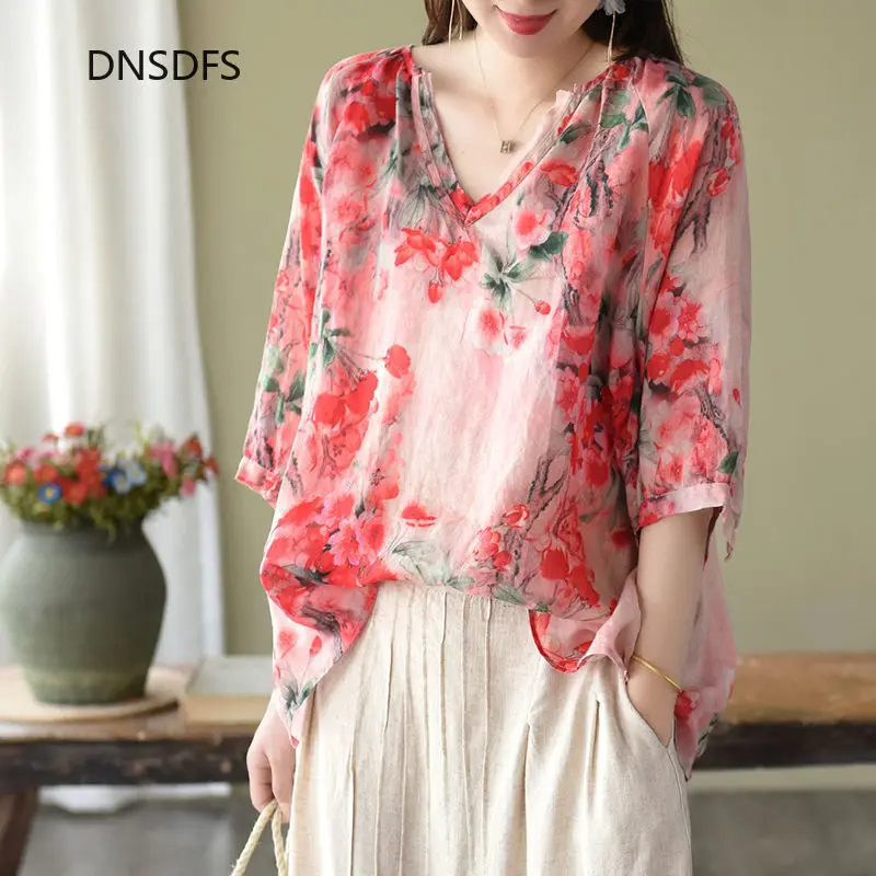 

Women V Neck Leisure Chic Loose Blouses Cotton Linen Thin Half Sleeve Shirts Lady Blusas Summer Shirt Vintage Floral Print Tops